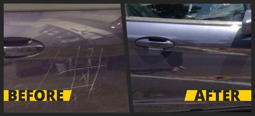 Before and after image of scratched car