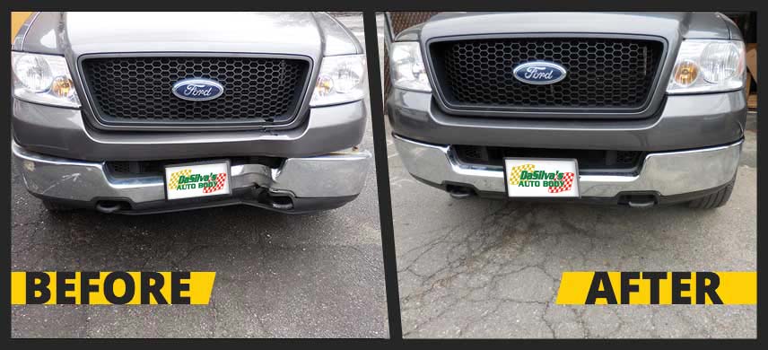 Before and after image of damaged silver truck