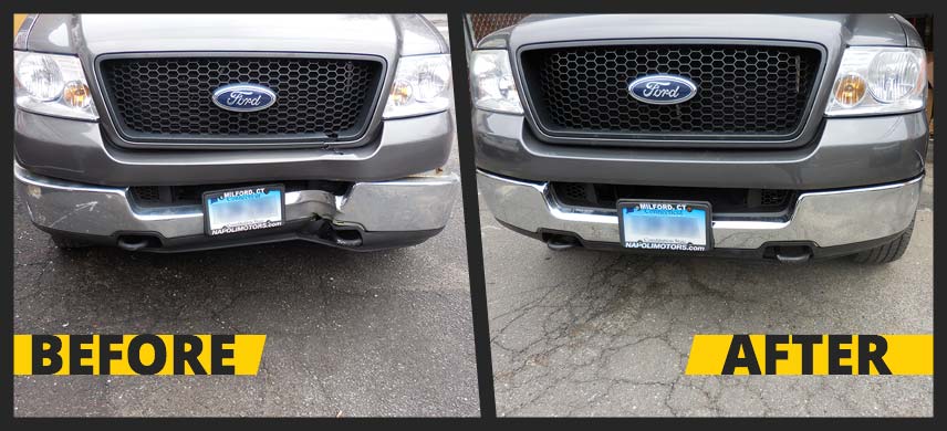 Before and after image of dented Ford truck