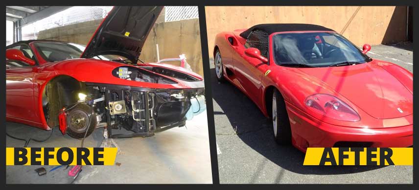 Before and after image of damaged red sports car