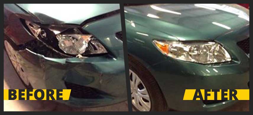 Before and after image of damaged Toyota