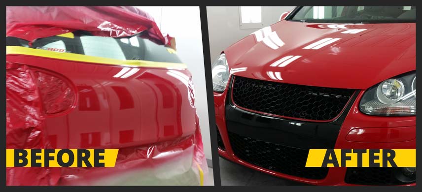 Before and after image of damaged red car