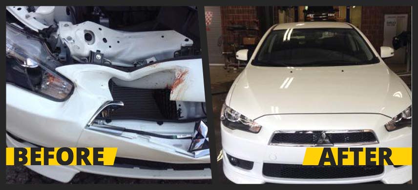 Before and after image of white Mitsubishi